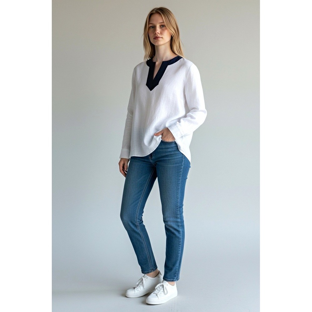 Lauren Ralph Lauren Women’s White Linen V-Neck Long Sleeve Pullover Blouse L